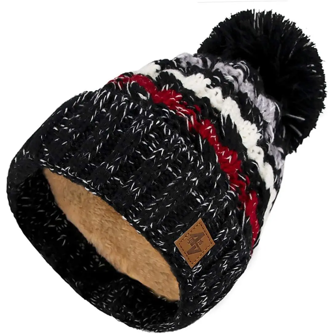 Mens Womens Beanie Warm Winter Cable Knitted Bobble Hat Plain Ski Pom Wooly Cap Full Cosy Fleece Liner