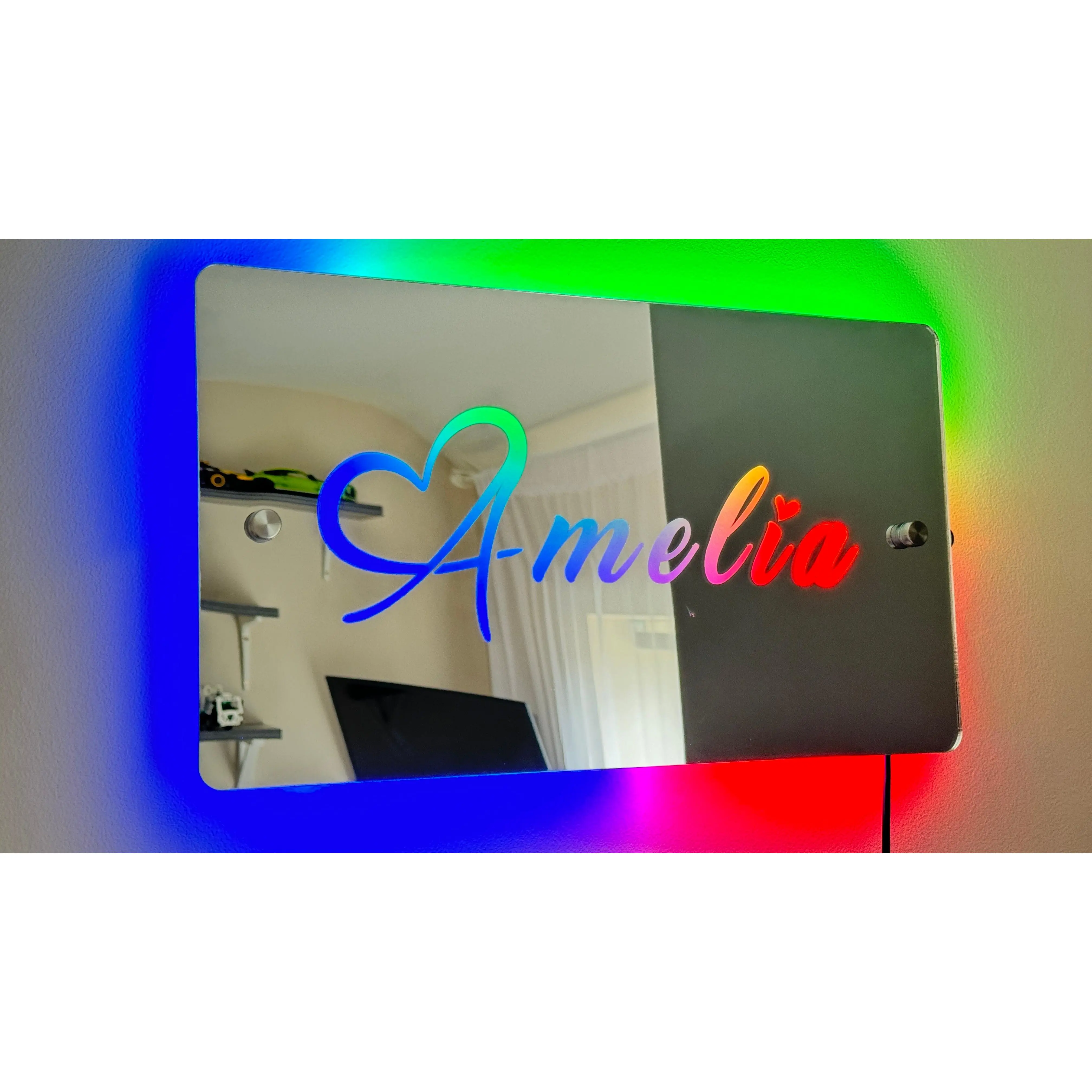 Personalised LED Mirror with Remote Control - Custom Engraved Name, Rainbow Lighting, Wall Mountable - Elegant 350mm x 200mm Engraved Mirror with Controller