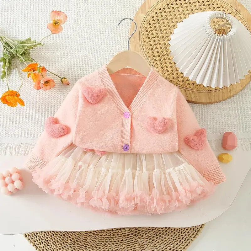 2-7Y Girls Clothing Set 3D Heart Sweaters And Tulle Skirts 2 PCs Knit Suits Girls Knit Cardigans 2