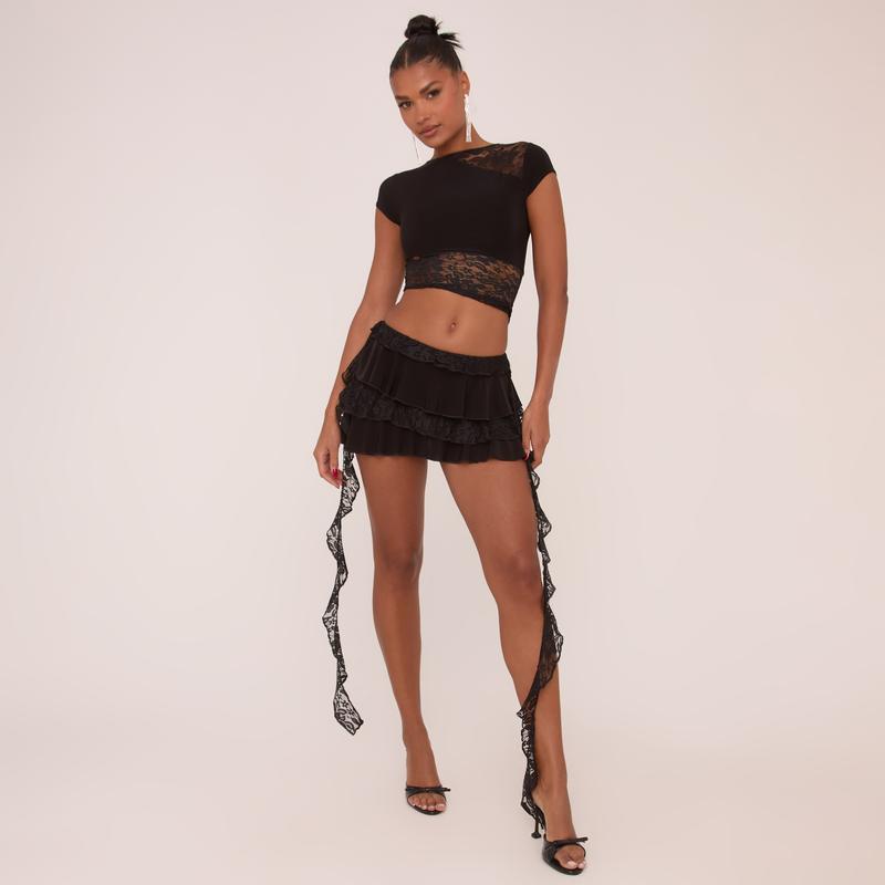 Low Rise Lace Detail Frilly Mini Skirt 0