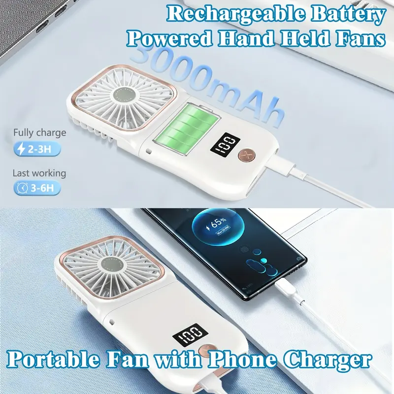 3000mAh USB Rechargeable Portable Handheld Mini Fan with Digital Display, 180° Adjustable, 3-Speed, Ultra-Thin Folding Neck Design for Personal Cooling, Travel, Sports 3