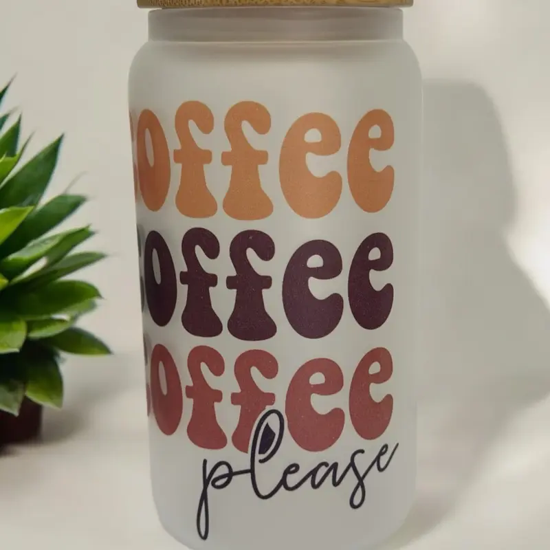 Coffee coffee coffee please design 16oz frosted glass can cup with bamboo lid and straw Drinkware glass Disposable Reusable 2