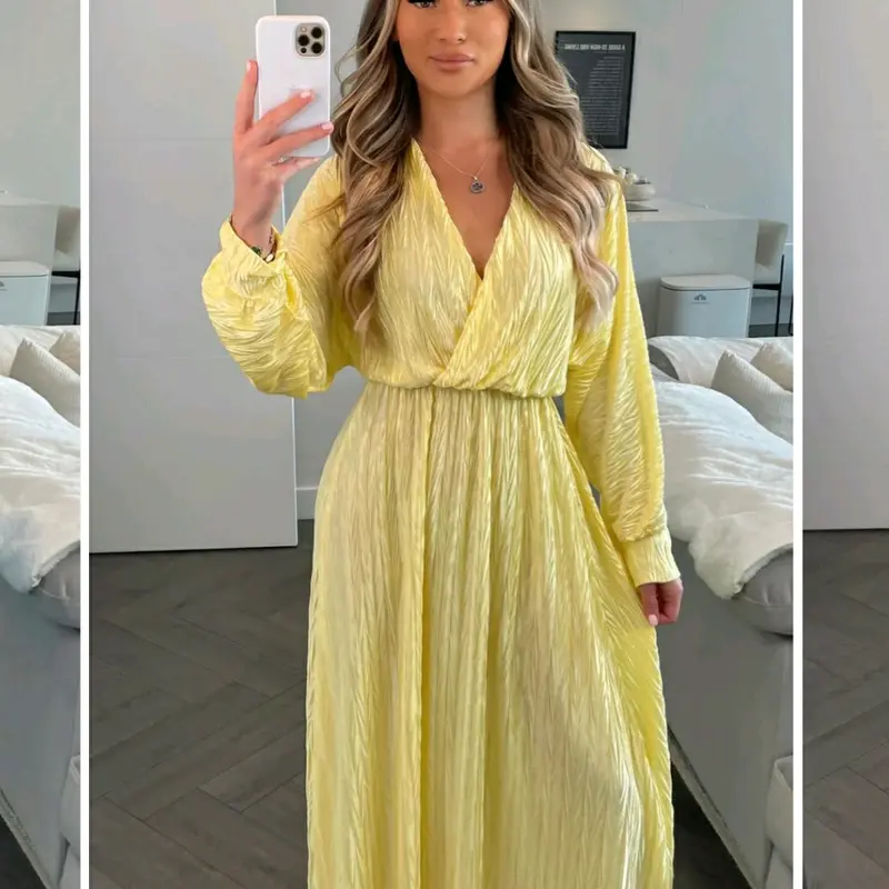 Mina Crinkled  V-Neck Maxi Dress Chic Casual Elegant 4