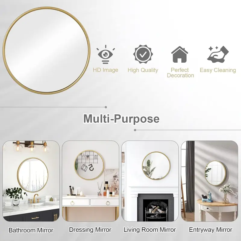 WOLTU Wall Mirror φ40/50/60 cm with Gloden Frame, Modern Round Hanging Mirror for Bathroom Bedroom Living Room Hallway, Wall Mounted Makeup Dressing Mirror, Made of Metal MDF Decor Circle Decorative Elegant 7