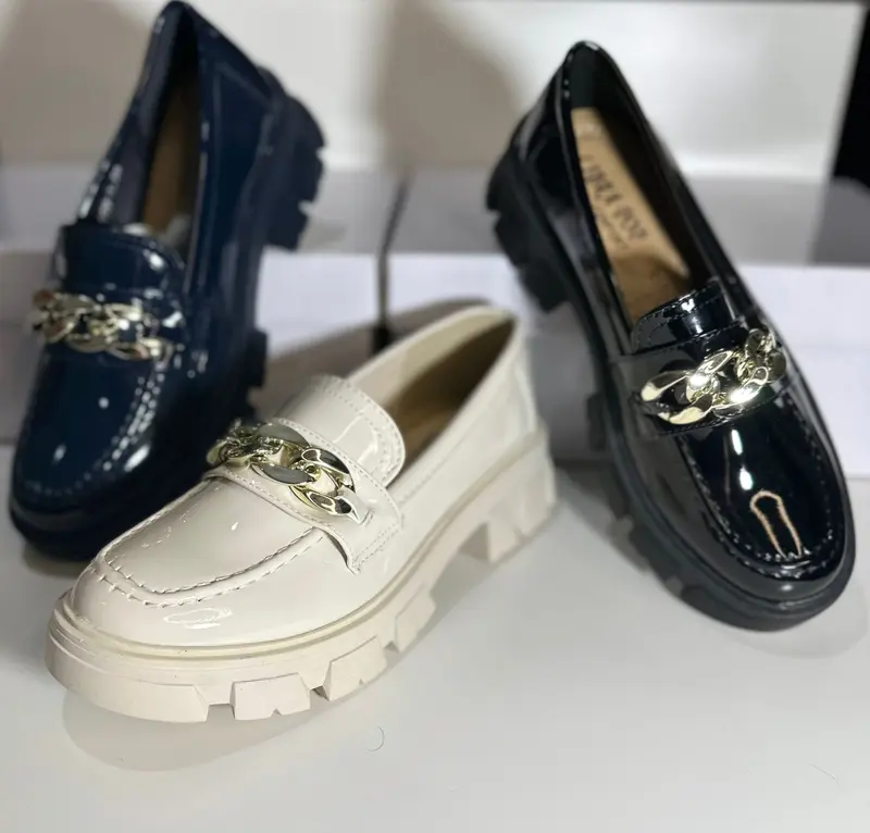 Women's Flat Creepers & Chunky Sole Shoes Ladies School and Work Slip On Chain Loafers (999-1) 1