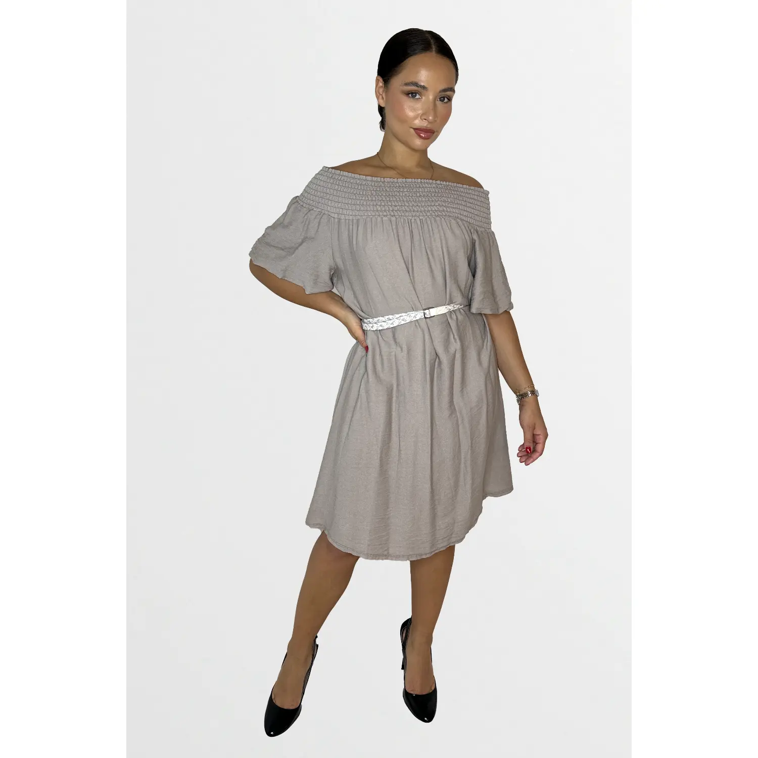 Off The Shoulder Belted Straight Cut Viscose Summer Dress
