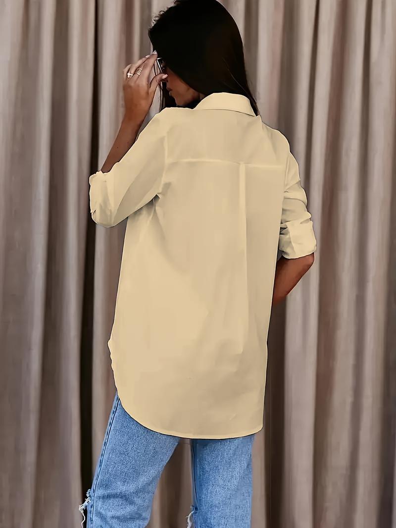 Product Introduction of Solid Button Front Shirt, Casual Turn Down Collar Office Work Shirt, Women's Clothing 16
