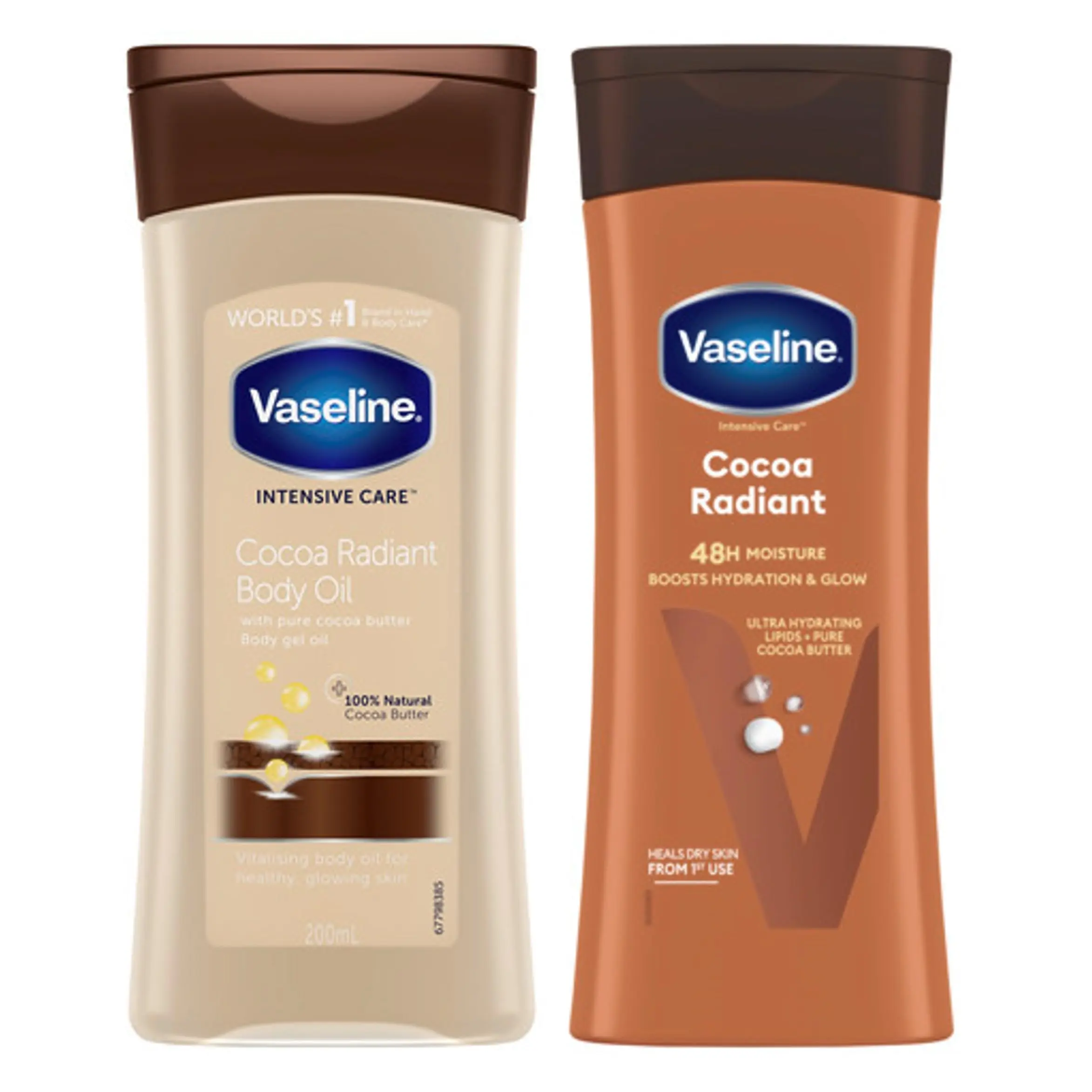 (Pack of 2) Vaseline Cocoa Radiant Body Lotion 400ml & Vaseline Intensive Care Cocoa Radiant Body Oil 200ml - Moisturizer Set - Comfort