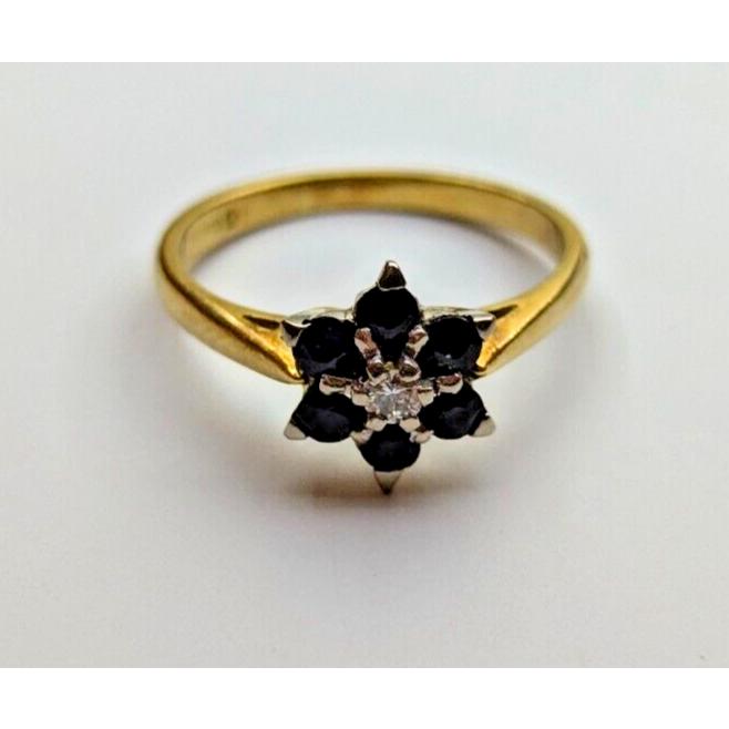 18ct Yellow Gold Ring Blue Sapphire and Diamonds Stones UK Ring Size J 0