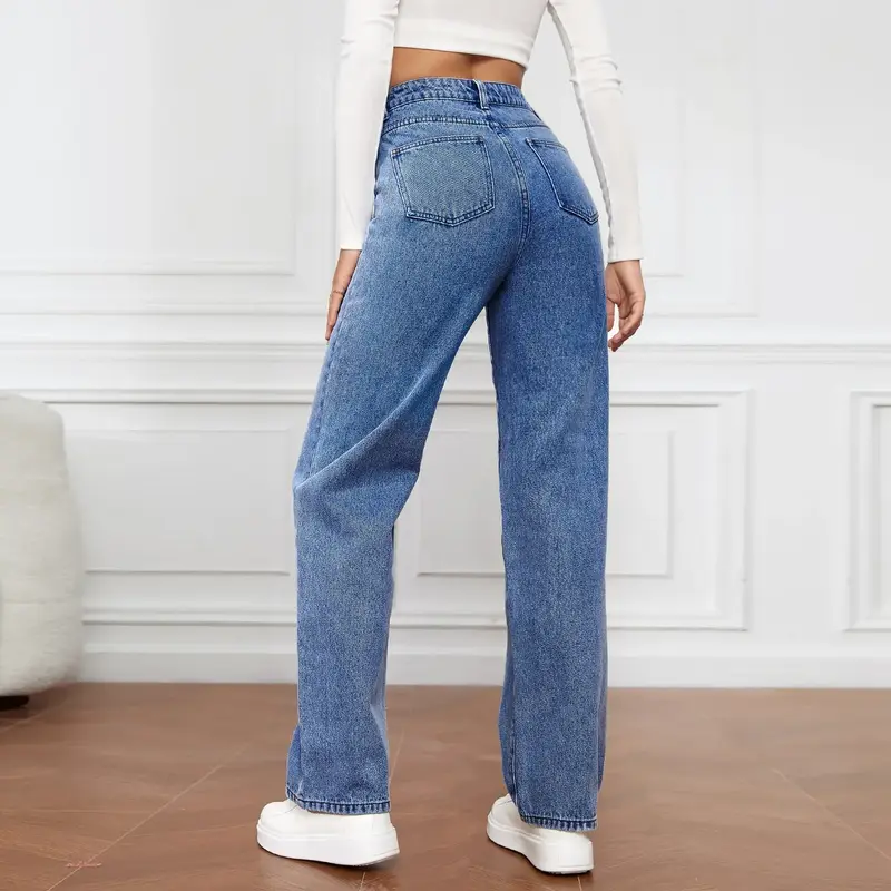 Women Jeans Straight Pants Denim Washing High Waist Loose Fit Pockets Basics Ankle Length Pants Solid Color Slight Strech 1