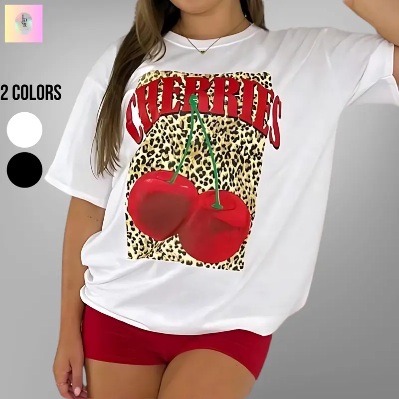 Women's CHERRIES Leopard Print Baggy T-Shirt Top for Women - Ladies Short Sleeve cherry tshirt 1