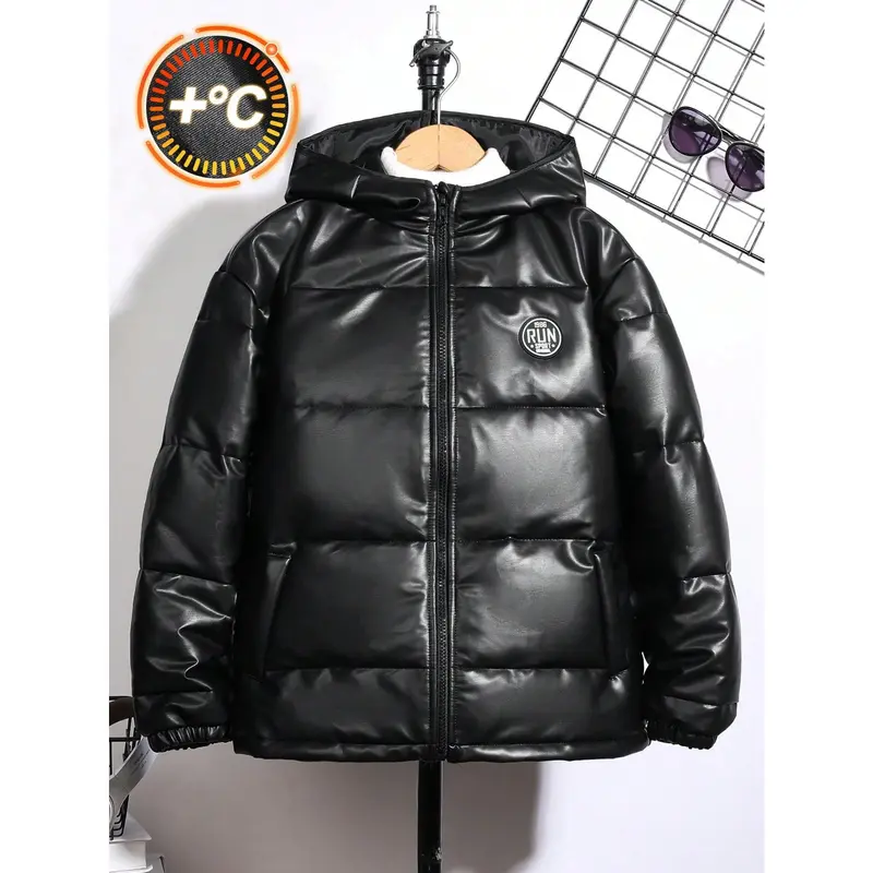 Tween Boy Casual Patch Letter Fleece Lined Hooded Zip Up Thick Winter Warm Parka Coat, Suitable For Commuting, School, Daily Casual, Travel, Sports, Autumn Winter 3
