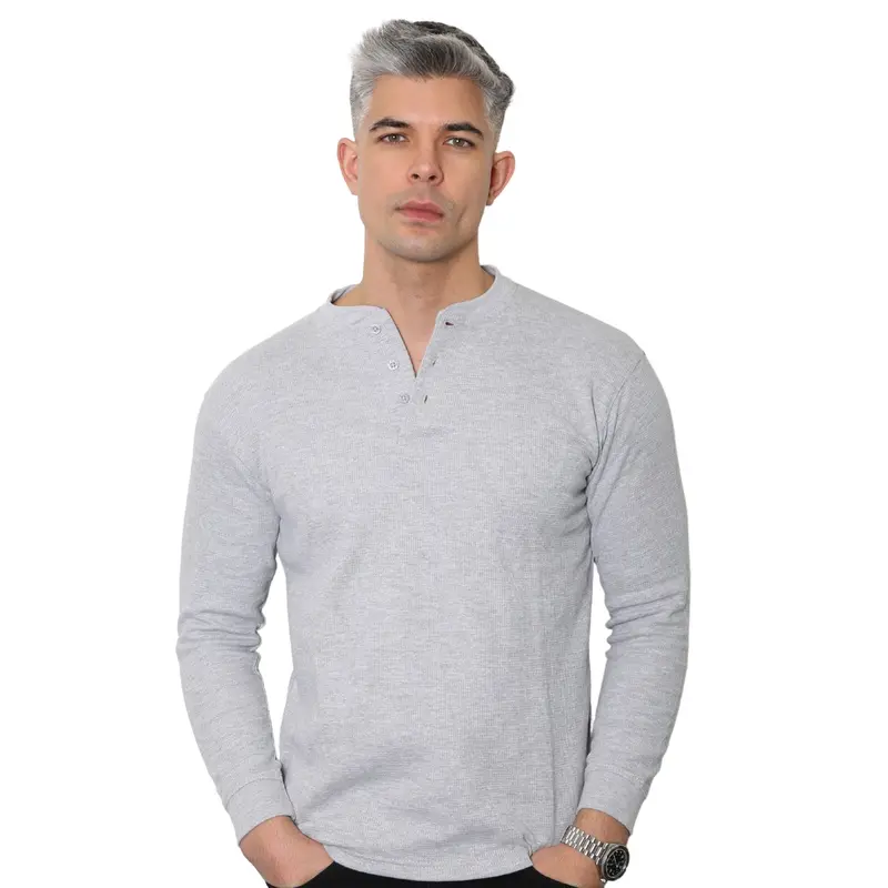 Mens Long Sleeve Henley Shirt Granded Neck Waffle Knit T-shirt Breathable and Comfortable Casual Top M - 3XL Plain Knitwear Jumper represent clothing Menswear Round Neck Grandpa Crewneck Knife Gamis Beige Biker Blue 6