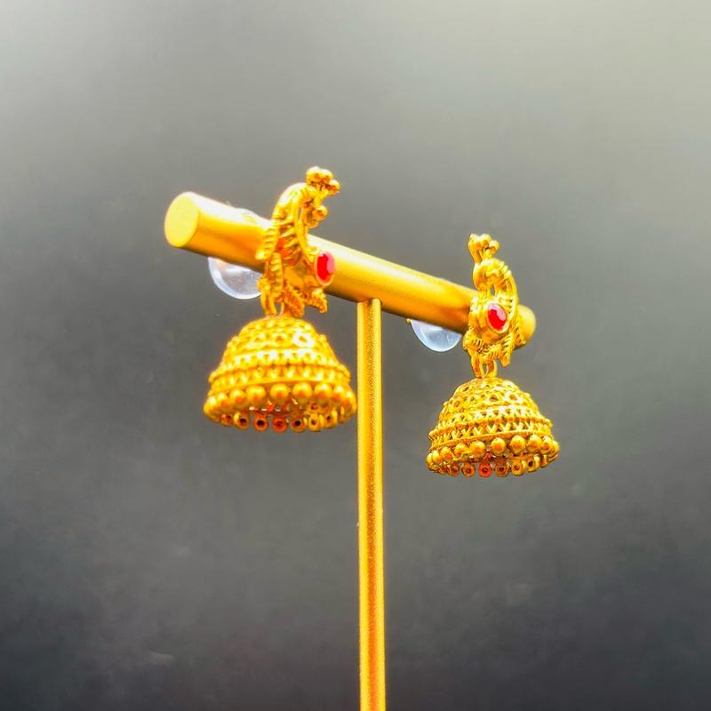 Traditional Gold-Plated Imitation Jhumka Earrings with Ruby Stone (Small) 4