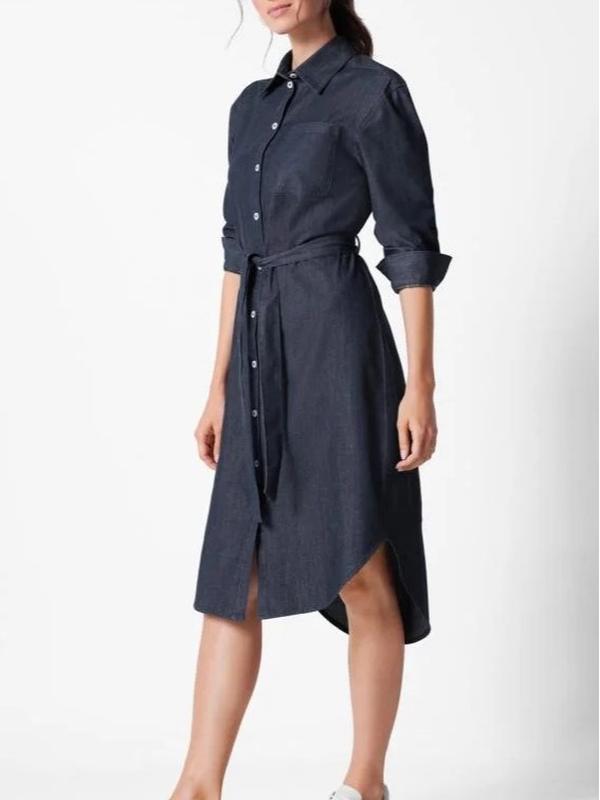 Denim Cotton Shirt Dress Button Pocket & Belt Long Sleeve Jeans Casual Womenswear Chic 3