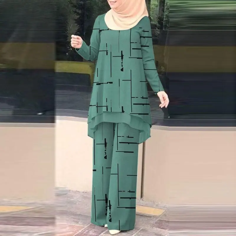 Vintage Stylish Muslim Suit 2PCS Long Sleeve Blouse Pant Sets Islamic Clothing Female Casual Floral Printed Matching Sets