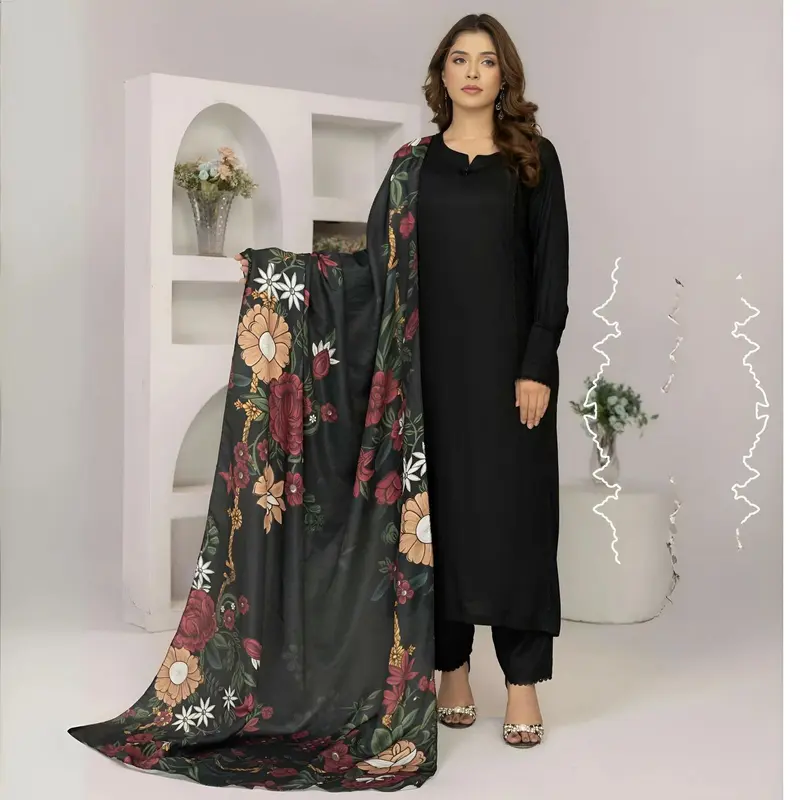 3 Pcs Dyed Twill Linen with Digital Printed Pashmina Shawl | Winter Collection | SIMRANS 0