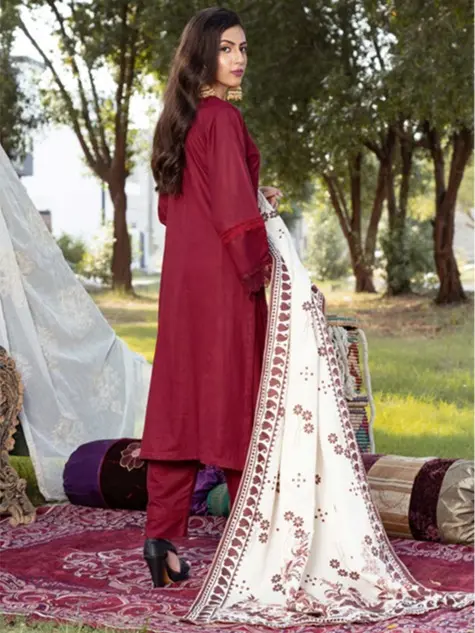 Embroidered Dhannak Chiken Kari Shirt, Dhannak Fabric Dupatta, and Dhannak Trouser - Women's Three Piece Readymade Casual Outfit by Munira Designer Dress Printed 2