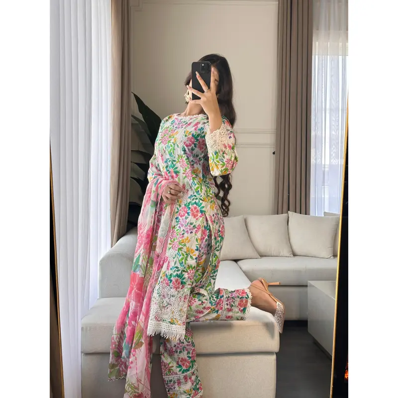 3 pcs Stitched WHITE lawn suit Ready to Wear with chiffon dupatta LNE-24017 4