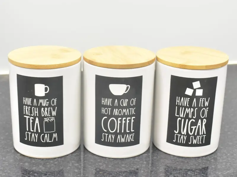 Set of 3 Jars Kitchen Canister Jar For Tea Coffee Sugar Storage Pots Wooden Lid Home Decorative, Kitchen, Dining Table, Eye-Catching Design (White & Black) 5