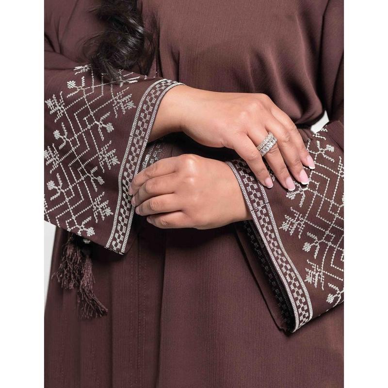 Open Brown Abaya with White Embroidery 2