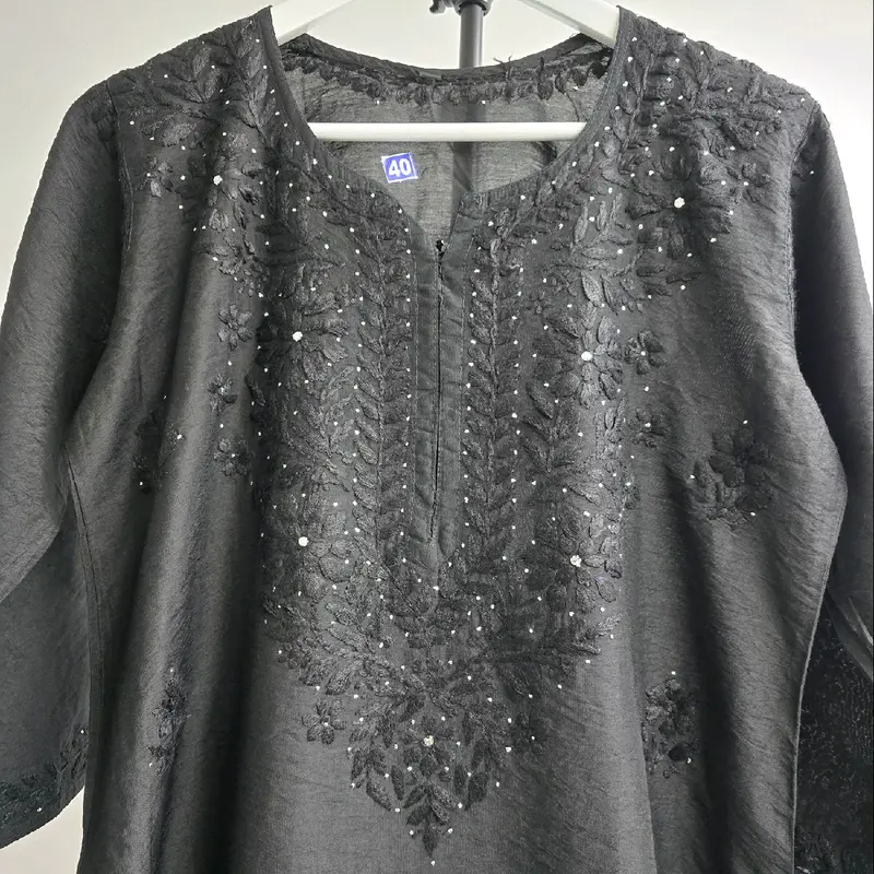 Hand Embroidered silver embellishment White Fabric Chandri Silk, 46 Inches Length women's wear 1