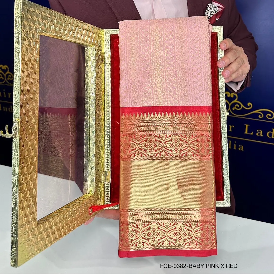Brocade Semi-Silk Saree Baby Pink X Red Colour