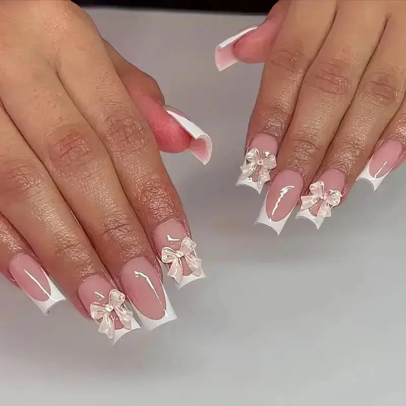 Pink French Style 3D Bowknot Press-On Nails Default 3