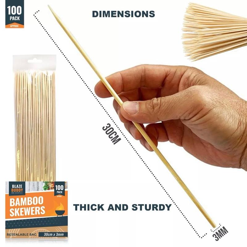 100 Bamboo Skewers BBQ 30cm 12" Kebab Fruit Chocolate Fondue Grill Wooden Stick Barbecue Utensils 2