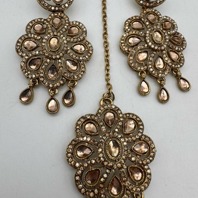 JC1871 earring and tikka kundan style full gold colour 4