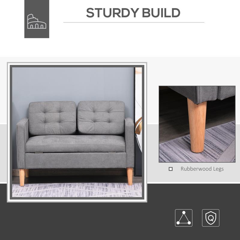 HOMCOM Modern 2 Seater Sofa with Hidden Storage, 117cm Tufted Cotton Couch, Compact Loveseat Sofa with Wood Legs, Grey 3