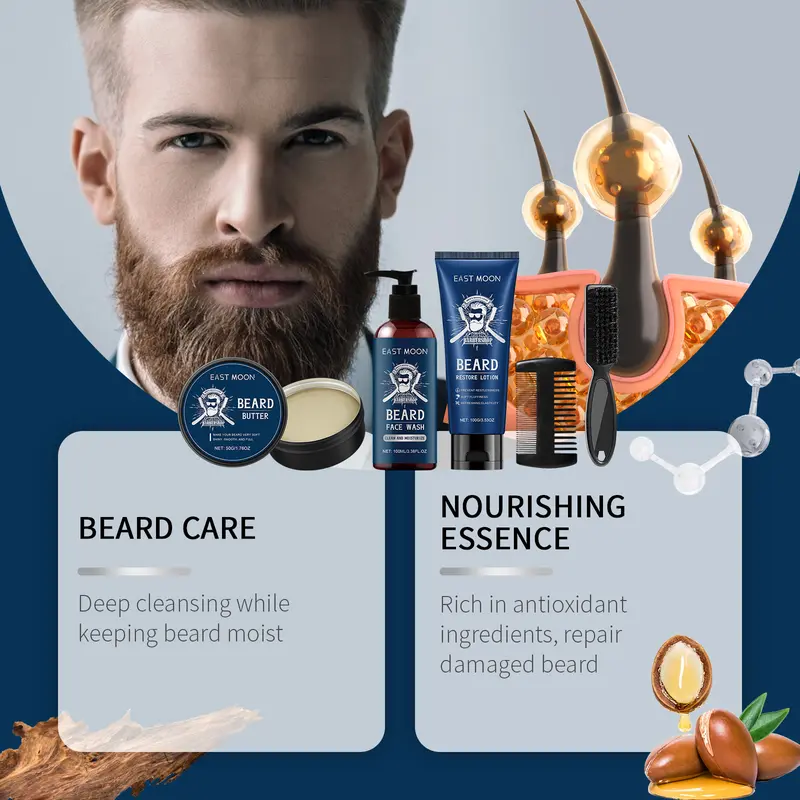 East Moon Men's Sandalwood Beard Care Set Nourishing and Repairing Frizzy Beard Shaping Set 4