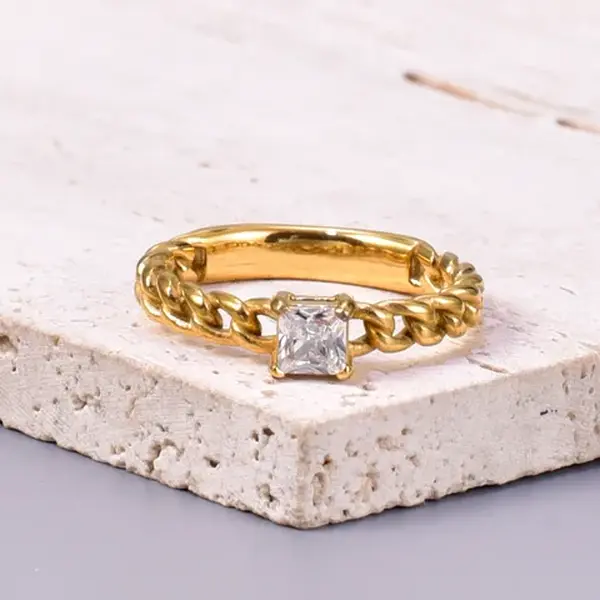 Chain Style Band Ring with Square Zircon Stone 18K Gold Plated Stainless Steel