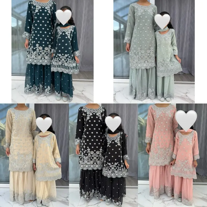 MOTHER/DAUGHTER Embroidered Chiffon kameez with gharara and embroidered chiffon dupatta - Womenswear - Partywear