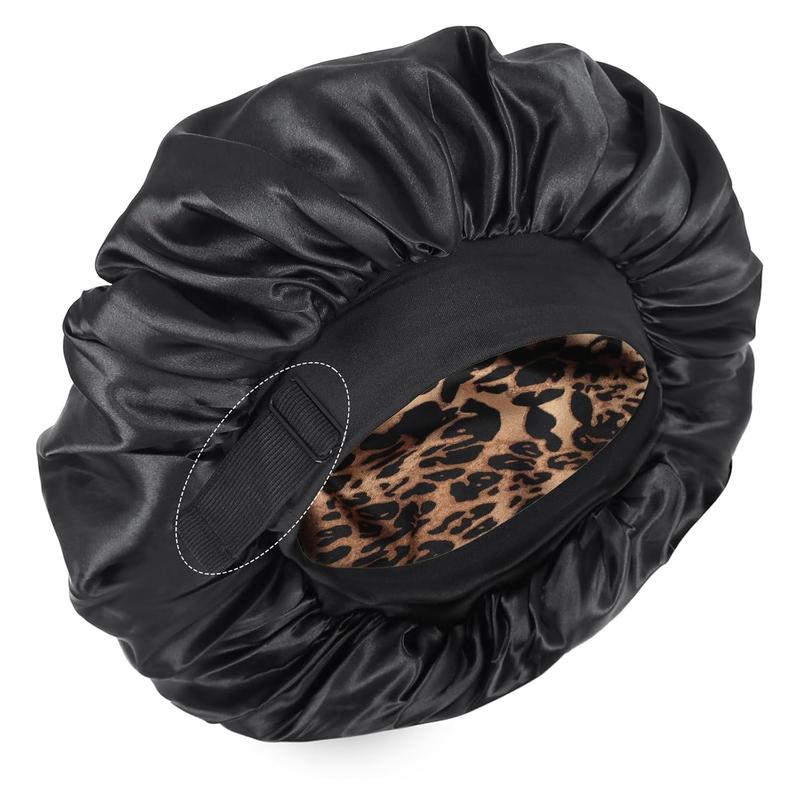 Silk Bonnet for Sleeping Double Layer Satin Bonnet Adjustable Bonnets for Black Women Sleep Cap Reversible Hair Bonnet for Curly Hair (Black and Leopard) 0