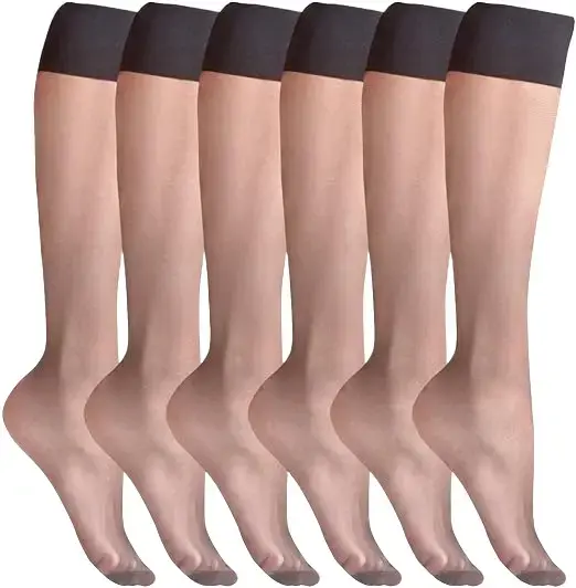HiFEN 6 Pair Ladies/Women 100% Nylon Knee High Pop Socks with Comfort Top 15 Denier Breathable Nude Black Stockings One Size Fit Stretchy Womenswear Dress Elastic Girls Sheer Simple Everyday Skirts