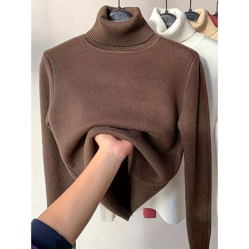 Women's Thickened Fleece Lined Slim Fit Top, Warm Turtleneck Pullover, Casual Style Long Sleeve Base Layer Top For Winter Knitwear Womenswear Underwear Comfort Lady Knitting 6