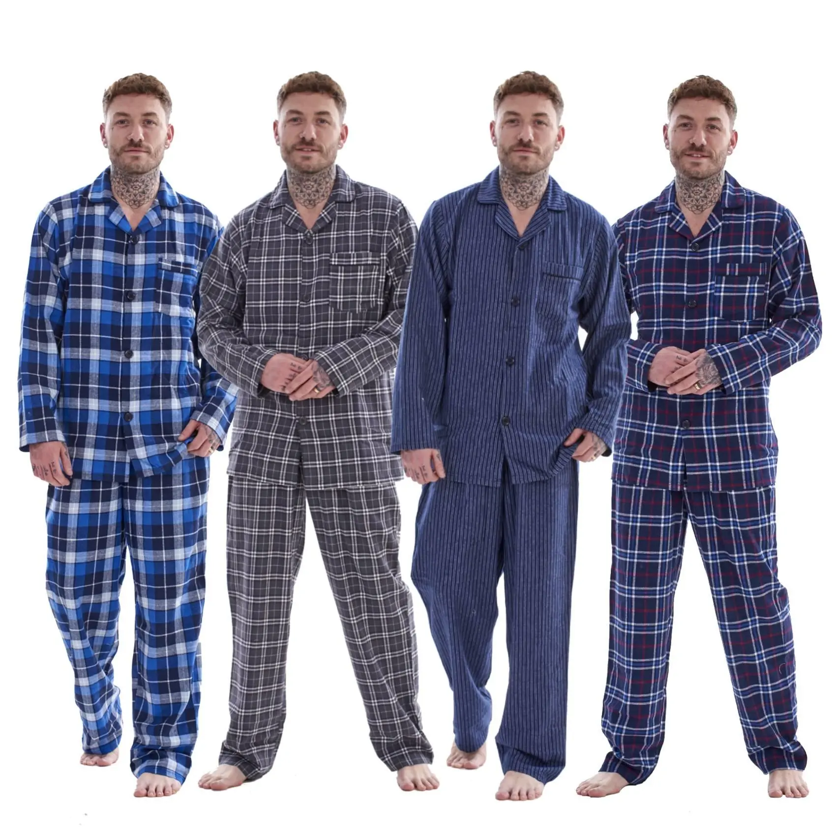 Mens 100% Pure Cotton Pyjama Set - Brushed Thermal Flannel PJs - Winter Warm Supersoft - Assorted Check/Stripe Designs - Sizes S to 5XL