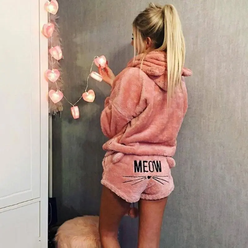 Women Coral Velvet Pajamas Set Autumn Winter Warm Pajamas Two Piece Set Sleepwear Cute Cat Meow Pattern Hoodies Shorts Set Loungewear Womenswear 0