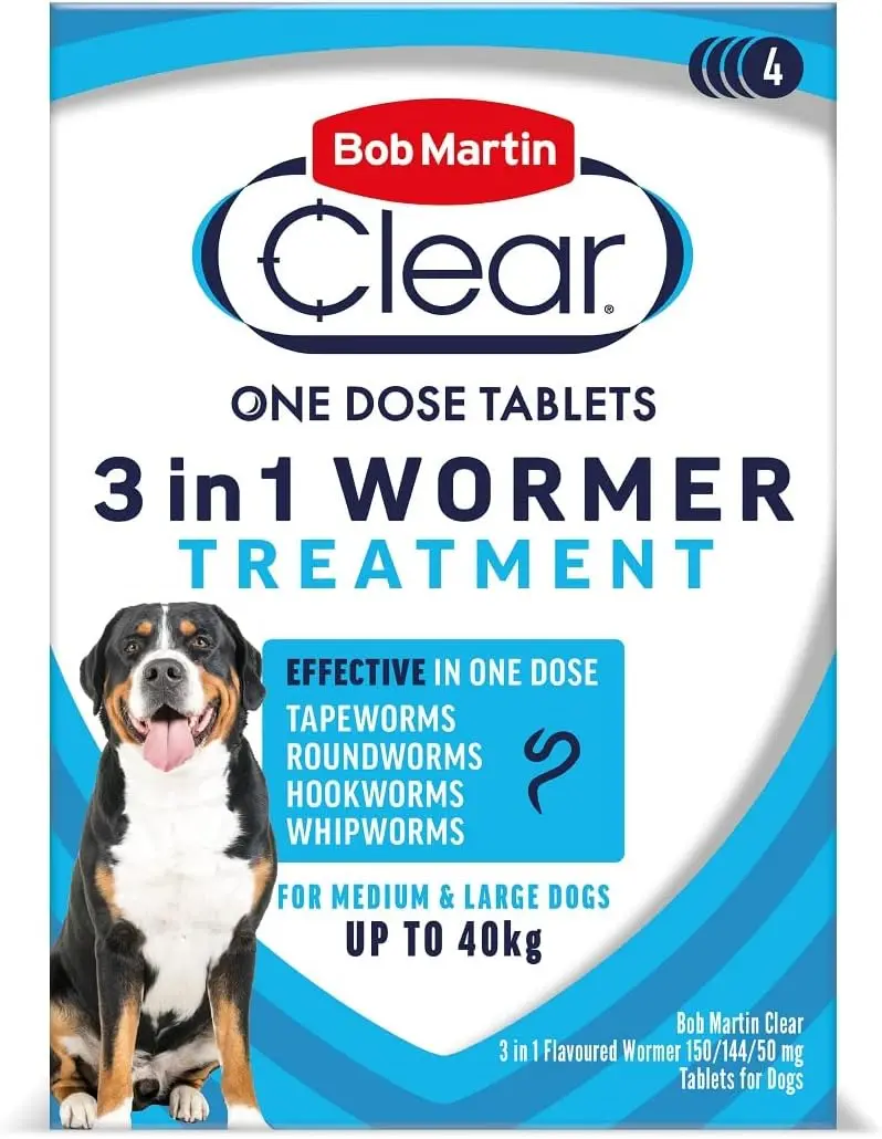 Clear 3-in-1 Wormer for Dogs (4 Tablets) - For Small, Medium and Large Dogs up to 40kg, Clinically Proven Treatment