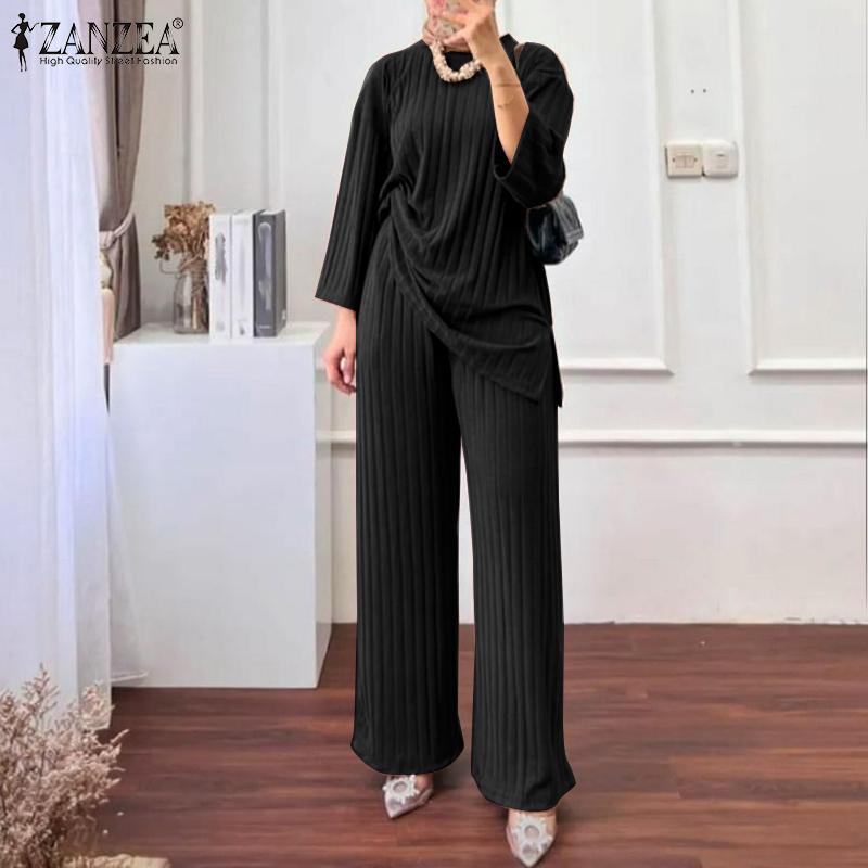 Product Introduction of Long Sleeve Blouse Wide Leg Pants Sets ZANZEA Women Matching Sets Solid Islamic Clothing Muslim Tracksuit Outifits 2PCS 13