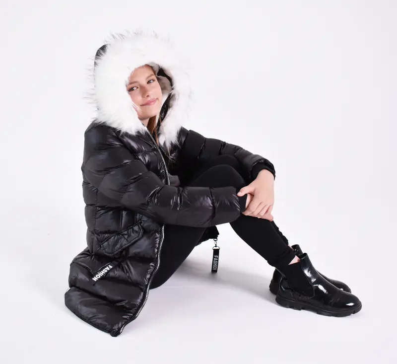 Charcoal Fashion Girl's Shiny Water Resistant Faux Fur Lined Quilted Midi Puffer Coat. Keep Warm, Outdoors,  Hood fur, Back to School 7
