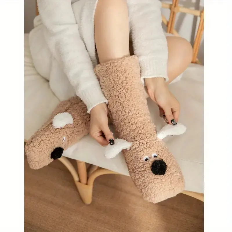 Cozy Cartoon Dog Winter Socks - Plush, Warm & Soft for Home Use, Non-Slip Floor Slipper Socks with Cute Animal Designs, for Winter, Autumn 2