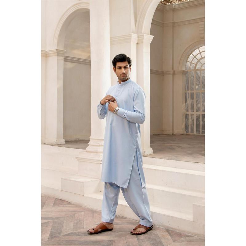 BS-SKY BLUE EMB - Kurta shalwar with simple self to self embroidery detailing around the neck line in soft polyester v 1