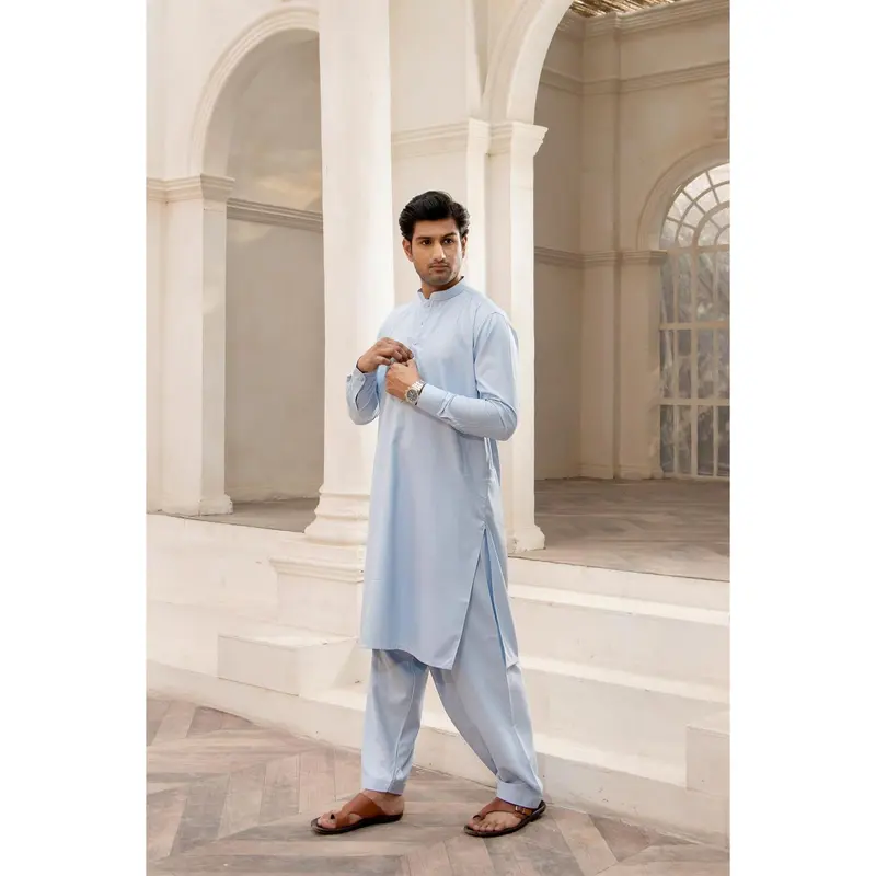 BS-SKY BLUE EMB - Kurta shalwar with simple self to self embroidery detailing around the neck line in soft polyester v 1