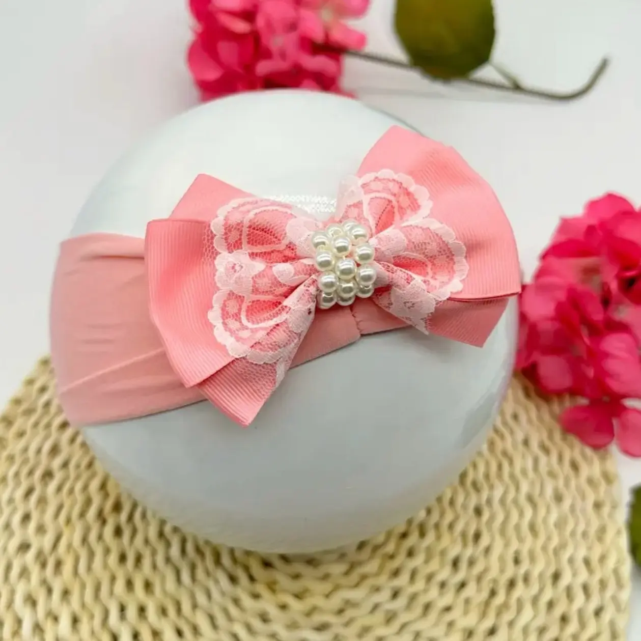 Baby girl headband faux pearl lace bow