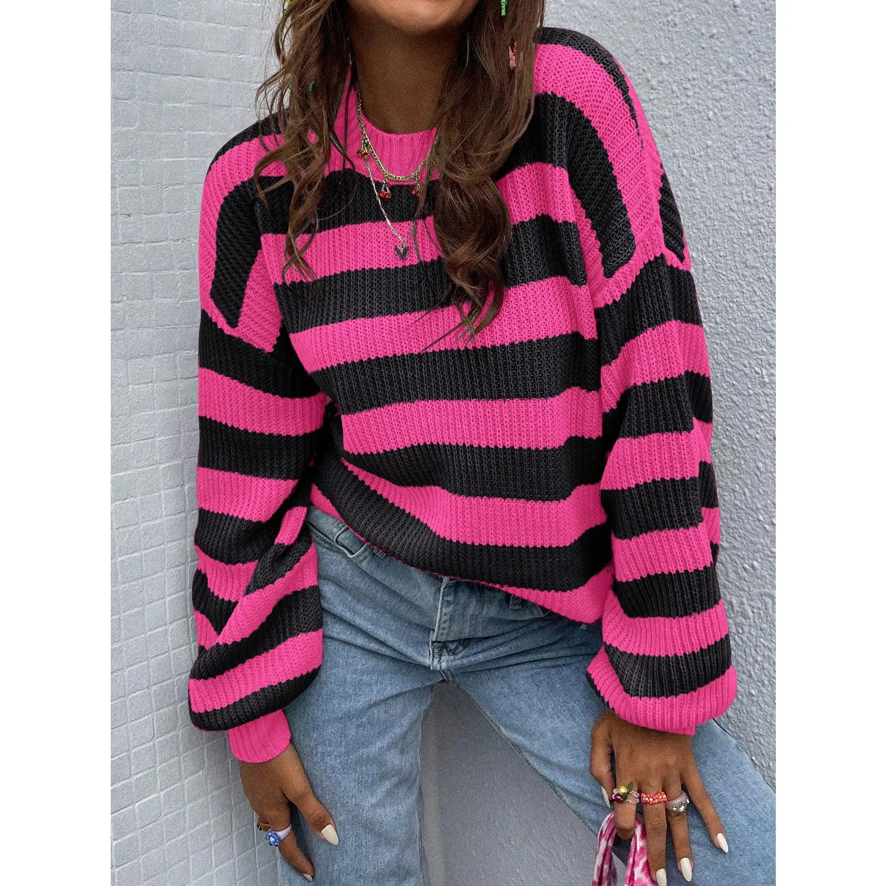 ChicEase Women's Autumn/Winter Striped Crew Neck Drop Shoulder Casual Loose Knit Pullover Sweater,Long Sleeve Tops