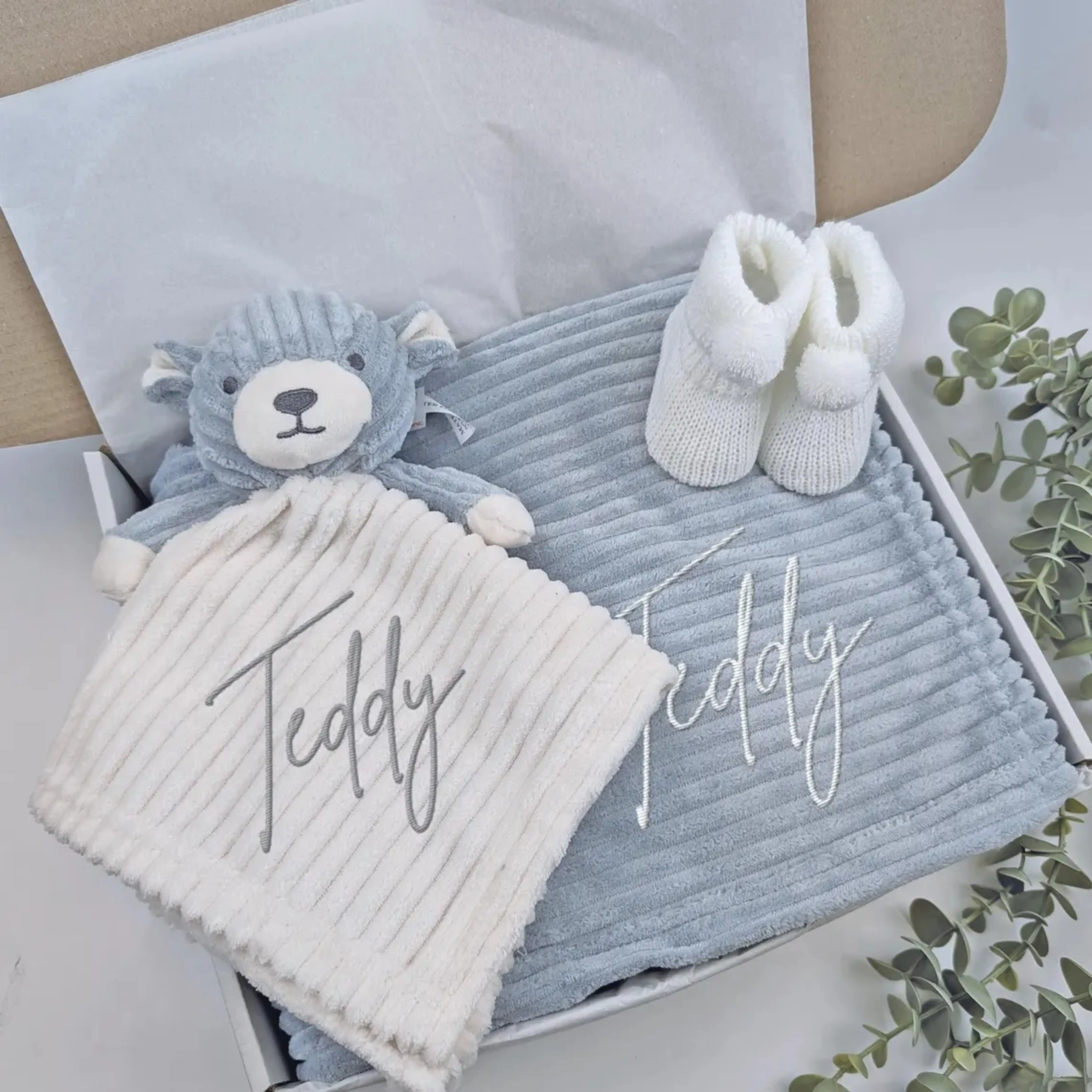 Personalised Embroidered Teddy Blanket + Comforter | Booties Gift Set | Baby Boy Girl | Babyshower |Newborn Coming Home| Newborn Gift Set