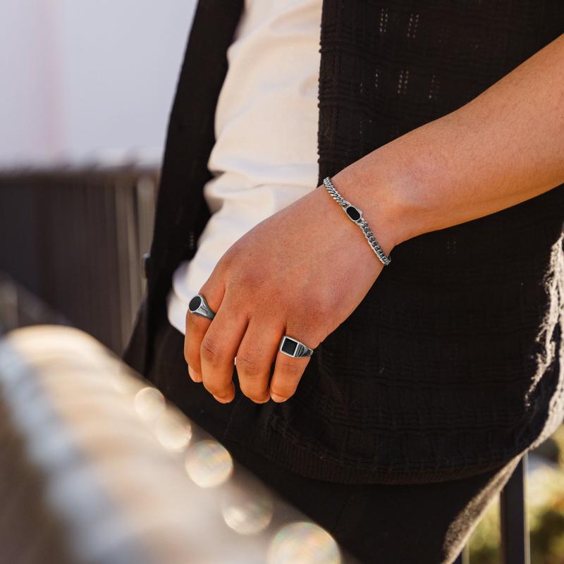 Square Onyx Ring - Silver Onyx Gemstone Signet Ring For Men 5