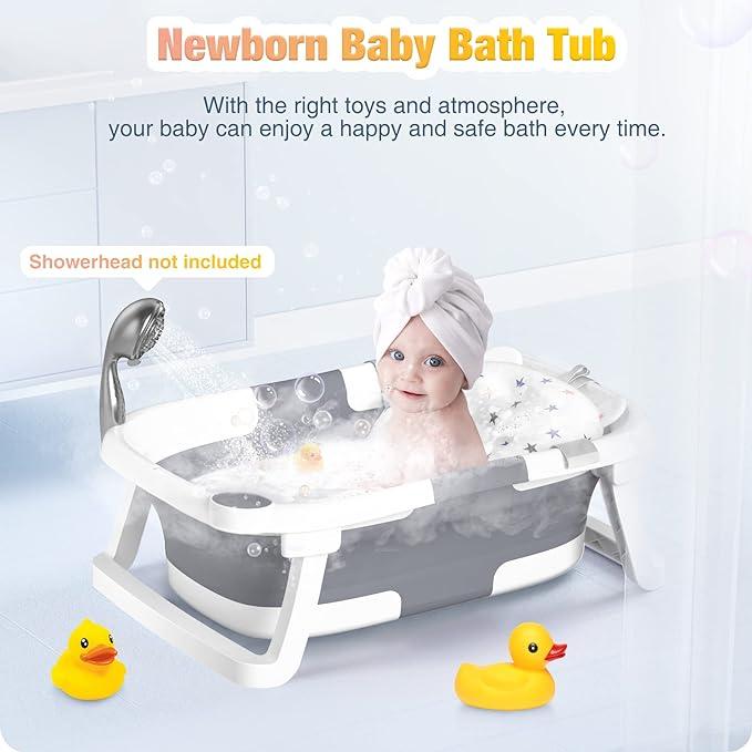 Product Introduction of Baby Bathtub Foldable,Baby Bath Essentials Baby Bathtub Newborn to Toddler Portable Travel Multifunctional Baby Bath Tub with Non-Slip Mat, Drain Hole.(No Thermometer)(Grey + Bath Mat) 2